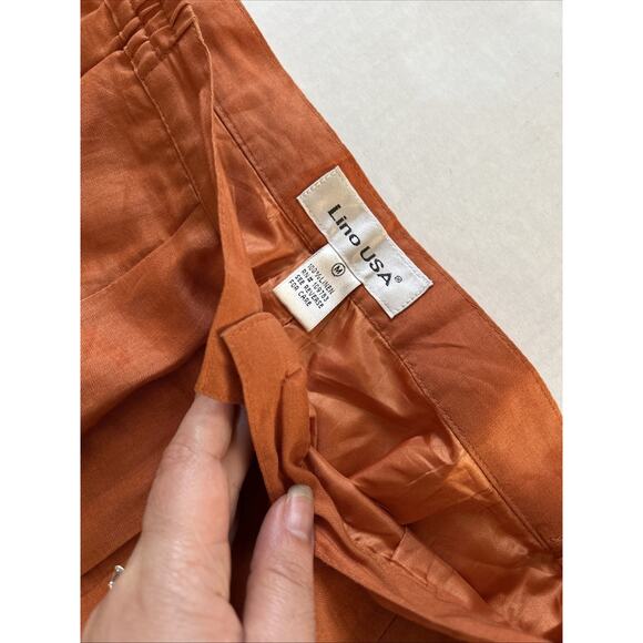 VTG 80s 90s Lino USA Orange Floral Decorated 100% Linen Pants Medium Summer - Picture 3 of 7